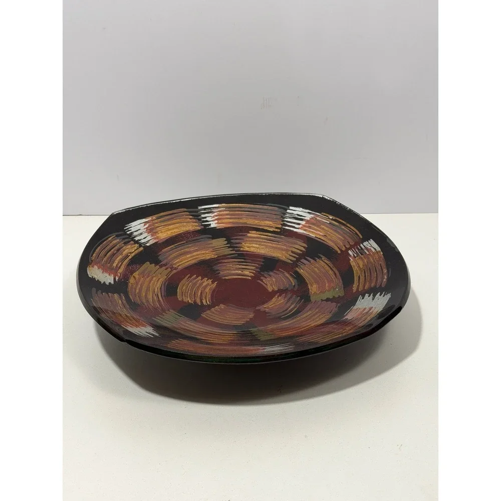 Signed Studio Art Glass Hand Painted Abstract Swirl Plate Black Gold‎ 11.5 Inch